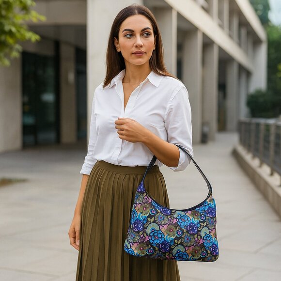 Hand Crafted Fabric Print Blue Colour Sling Hobo Shoulder Bag, Top Handle Purse - Picture 2 of 8